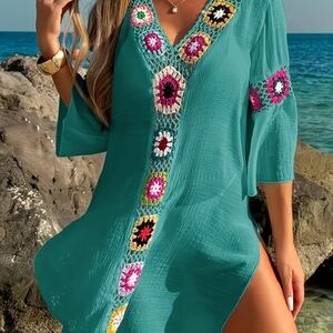 Teal Crochet Trim Swim Cover-Up